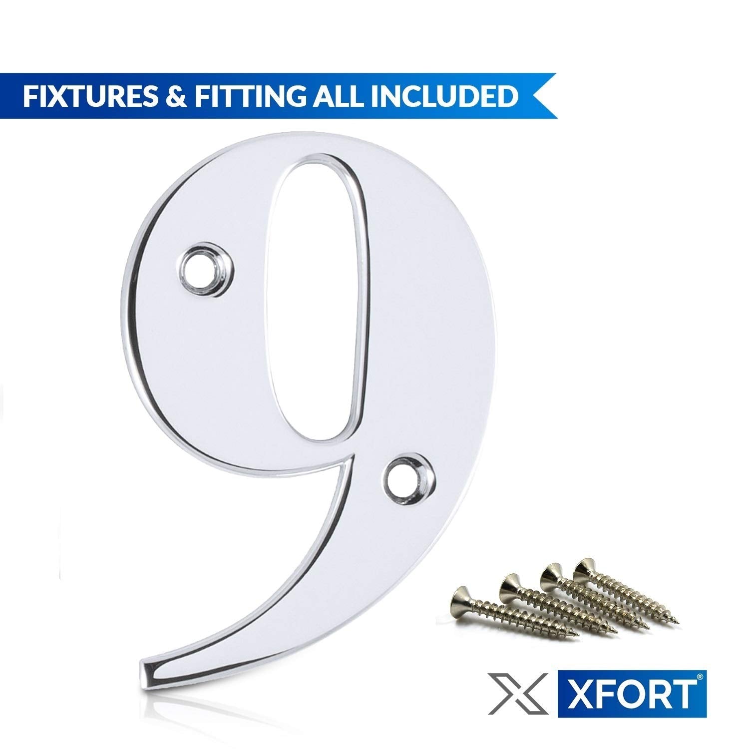 XFORT® 3 Inch Screw Fix Front Door Number, Number 9, Elegant and Bold Door Numerals in a Beautiful Polished Chrome Mirror Finish, Suitable for All Door Types Including Wooden, uPVC, and Composite.