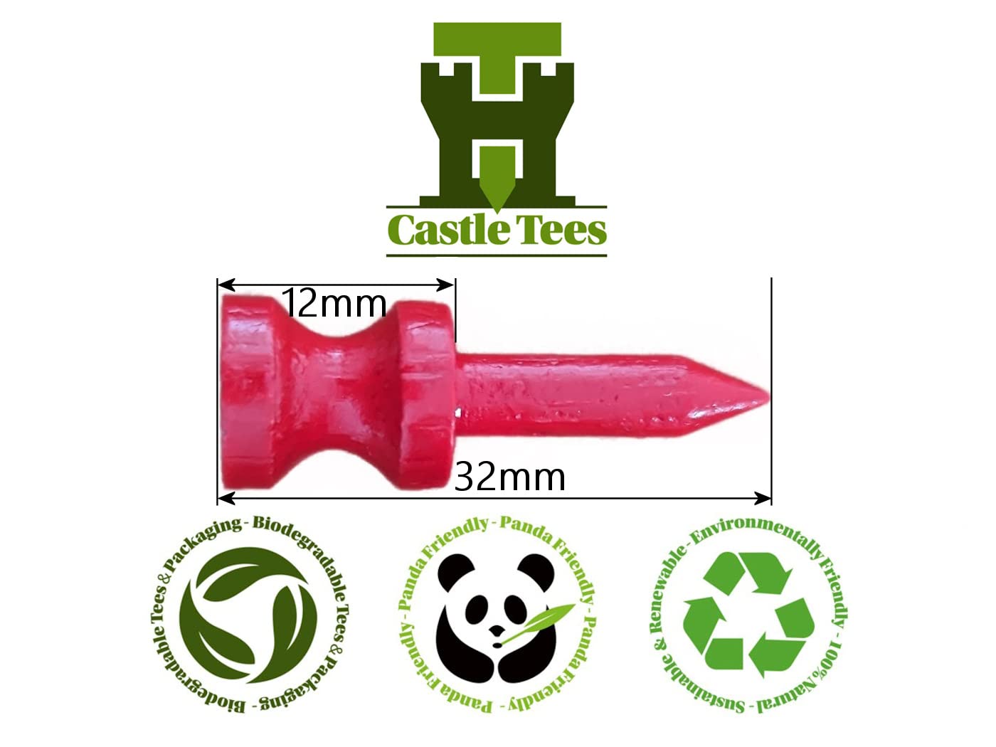 Castle Tees Red 40 x 32mm 1 ¼ inch Red Premium Bamboo Golf Tees with a Free Ball Marker & Free Pencil. Twice the strength of regular bamboo very strong & durable & a Great Golf Gift.