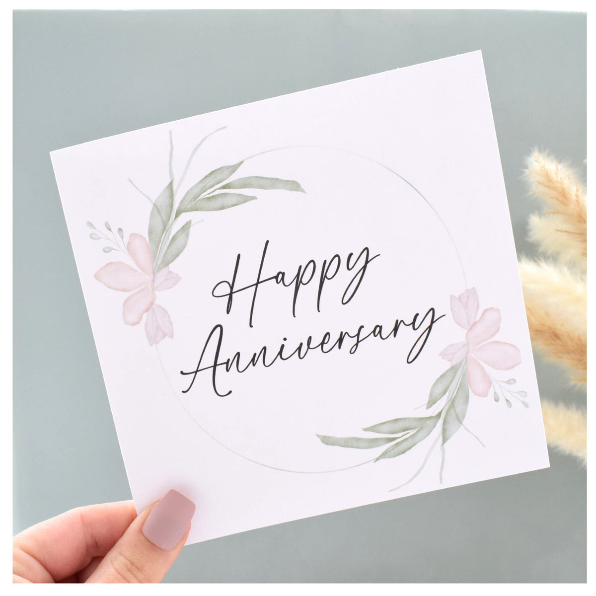 Congratulations on your Anniversary Card   Couple Congrats Card   Card for Any Year   Husband Wife Boyfriend Girlfriend Elegant Floral Wreath   148mm Square Modern Greeting Card