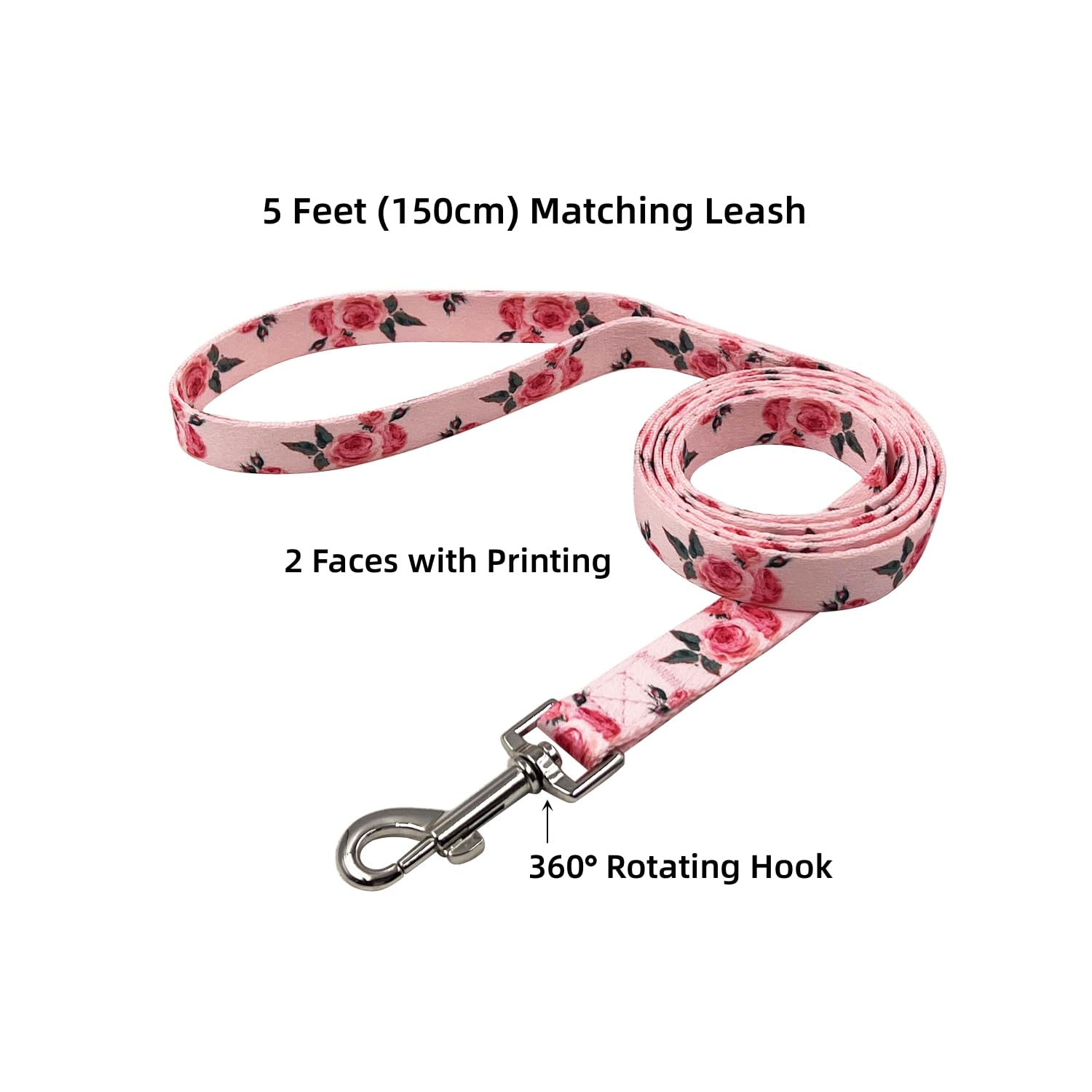 Olahibi Dog Collar and Leash Set, Cute Rose Pattern, Polyester Material, 5ft Leash, for Puppy Dogs.(XS,Pink Rose)