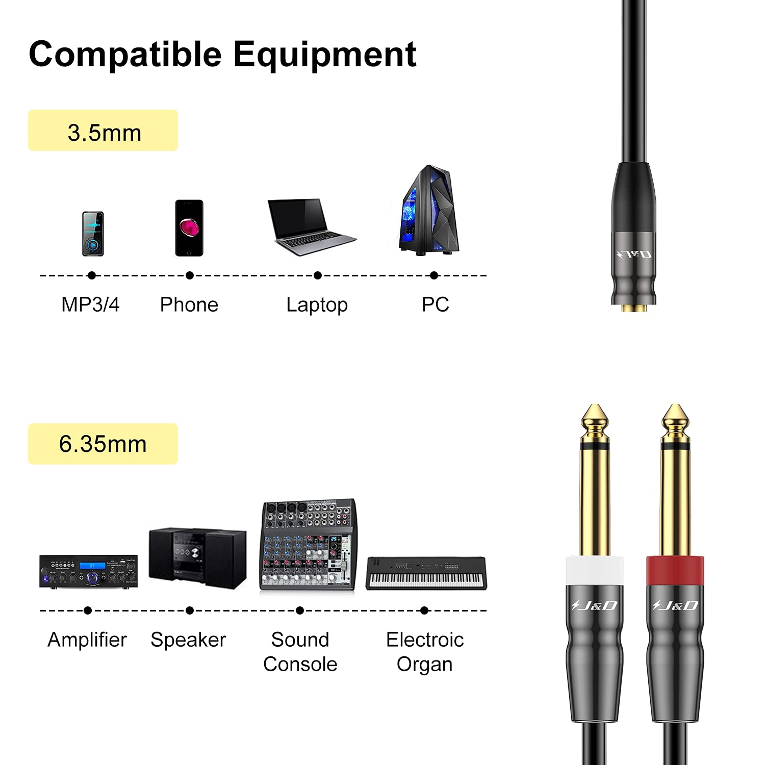 J&D 3.5mm TRS to Dual 1/4 in TS Cable, Heavy Duty 3.5 mm to 2 x 6.35 mm Cable 3.5 mm 1/8 female to 1/4 male Cord for Mixer Guitar Piano Amplifier Speaker, 0.9 Meter