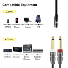 J&D 3.5mm TRS to Dual 1/4 in TS Cable, Heavy Duty 3.5 mm to 2 x 6.35 mm Cable 3.5 mm 1/8 female to 1/4 male Cord for Mixer Guitar Piano Amplifier Speaker, 0.9 Meter