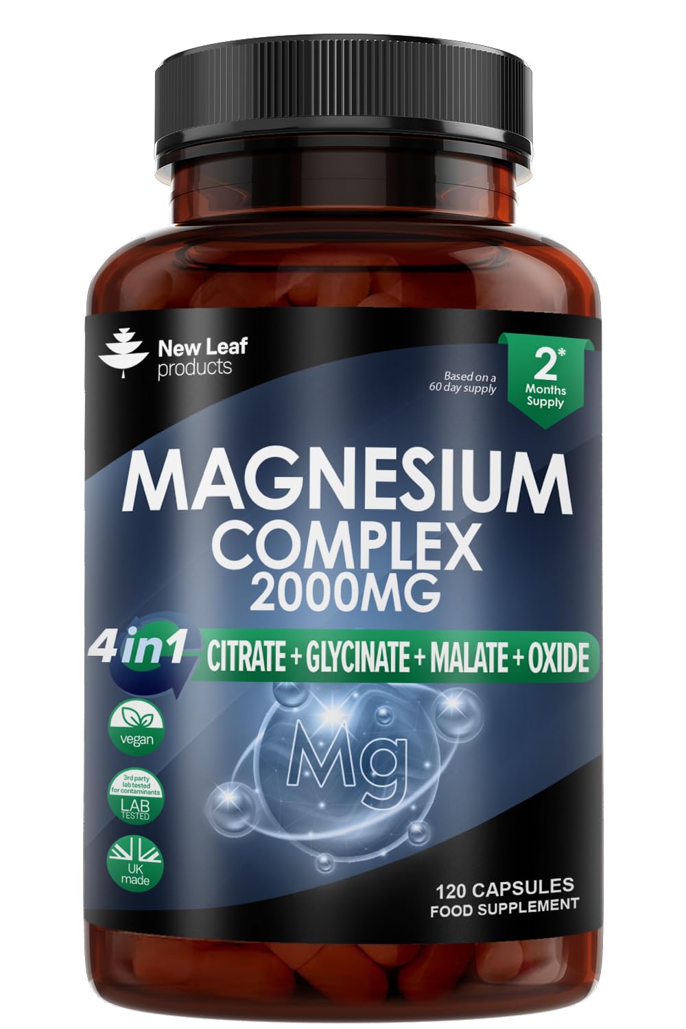 Magnesium Glycinate 4-in-1 Complex 2000mg - High Strength Magnesium Supplements - Magnesium Bisglycinate,Citrate, Malate, Oxide - 360 Capsules 449mg Elemental Magnesium - Vegan UK Made by New Leaf