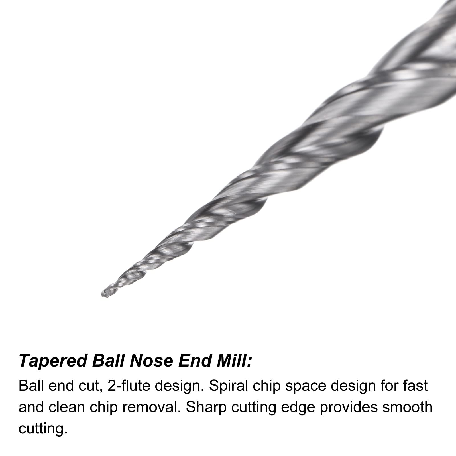 sourcing map Tapered Ball Nose End Mill, Uncoated Solid Carbide 2 Flute Spiral Milling Cutter, 0.25mm Radius, 0.5mm Diameter, 6mm Shank, 75mm Length, 10 Degree Angle