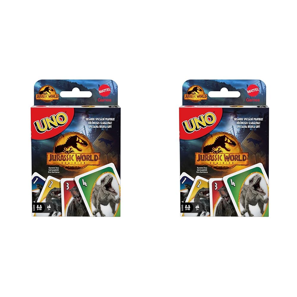 UNO Jurassic World Dominion Card Game with Themed Deck & Special Rule, Gift for Kid, Adult & Family Game Nights, Ages 7 Years Old & Up, GXD72 (Pack of 2)