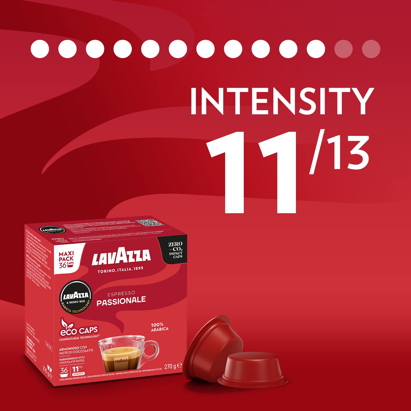 Lavazza A Modo Mio Espresso Passionale, Coffee Capsules, 100% Arabica, Warm and Inviting Taste, Intensity 11/13, Dark Roasting, Perfect for a 40ml Espresso, Compostable, 36 Pods