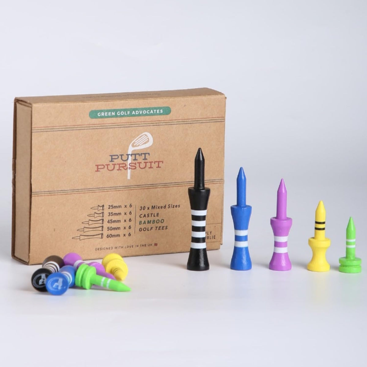 Putt Pursuit Bamboo Castle Golf Tees (Pack of 30) - Biodegradable & Sustainable - Consistent Ball Height & Reduced Friction - Green, Yellow, Purple, Blue & Black with Sizes 25, 35, 45, 50 & 60 (mm)