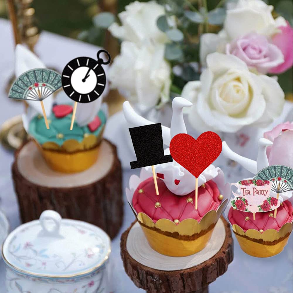 JeVenis Alice In Wonderland Theme Cupcake Topper Tea Party Cupcake Picks Lets Tea Cake Decoration Tea Party Supplies Alice In Wonderland Party Supplies