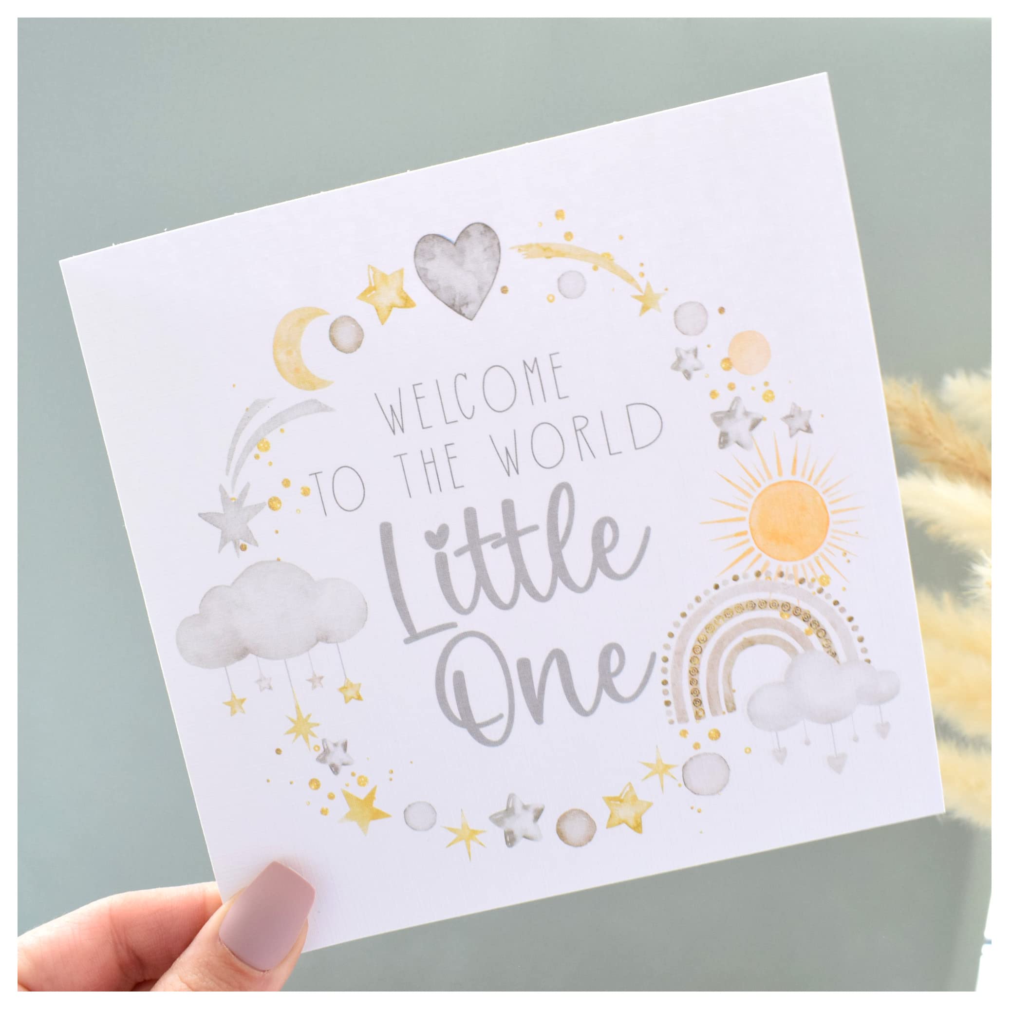 New Baby Card. Girl or Boy. Gender Neutral. Newborn Congratulations. Welcome to World Card. Watercolour Grey Yellow Cloud Star Rainbow. Square Modern Greeting Card