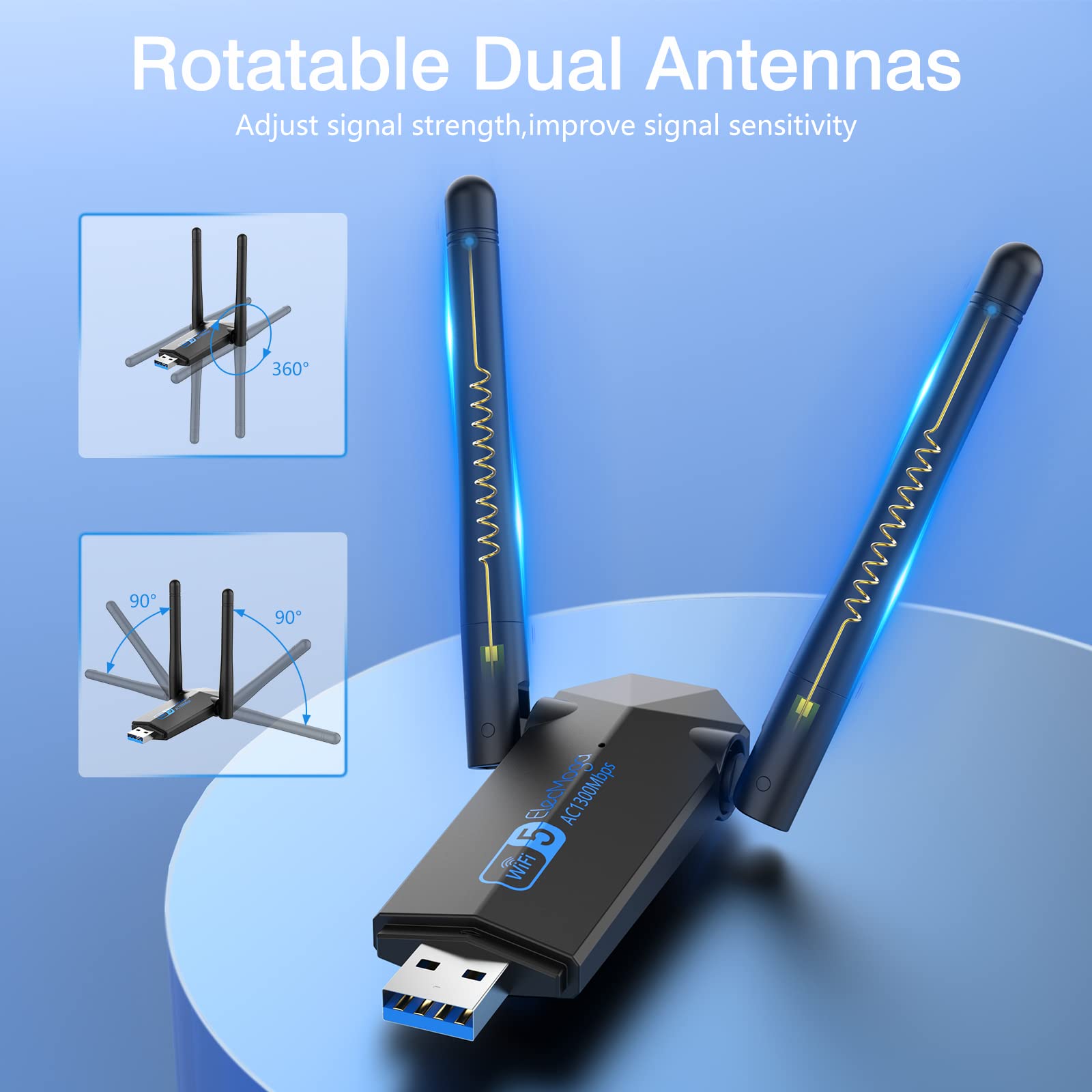 USB Wifi Dongle ElecMoga,5dBi Dual Band 5GHz USB Wifi Computer,1300Mbps USB WI-FI Adapter,Support Windows 11/10/8/7/Vista/XP, Mac OS