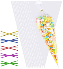 Sweet Cone Bags,100pcs 30 * 16cm Sweet Cones Bags with 100pcs Colorful Ties,Triangle Sweet Cones Bag for Candy,Cookie,Baking,Displaying and Wrapping