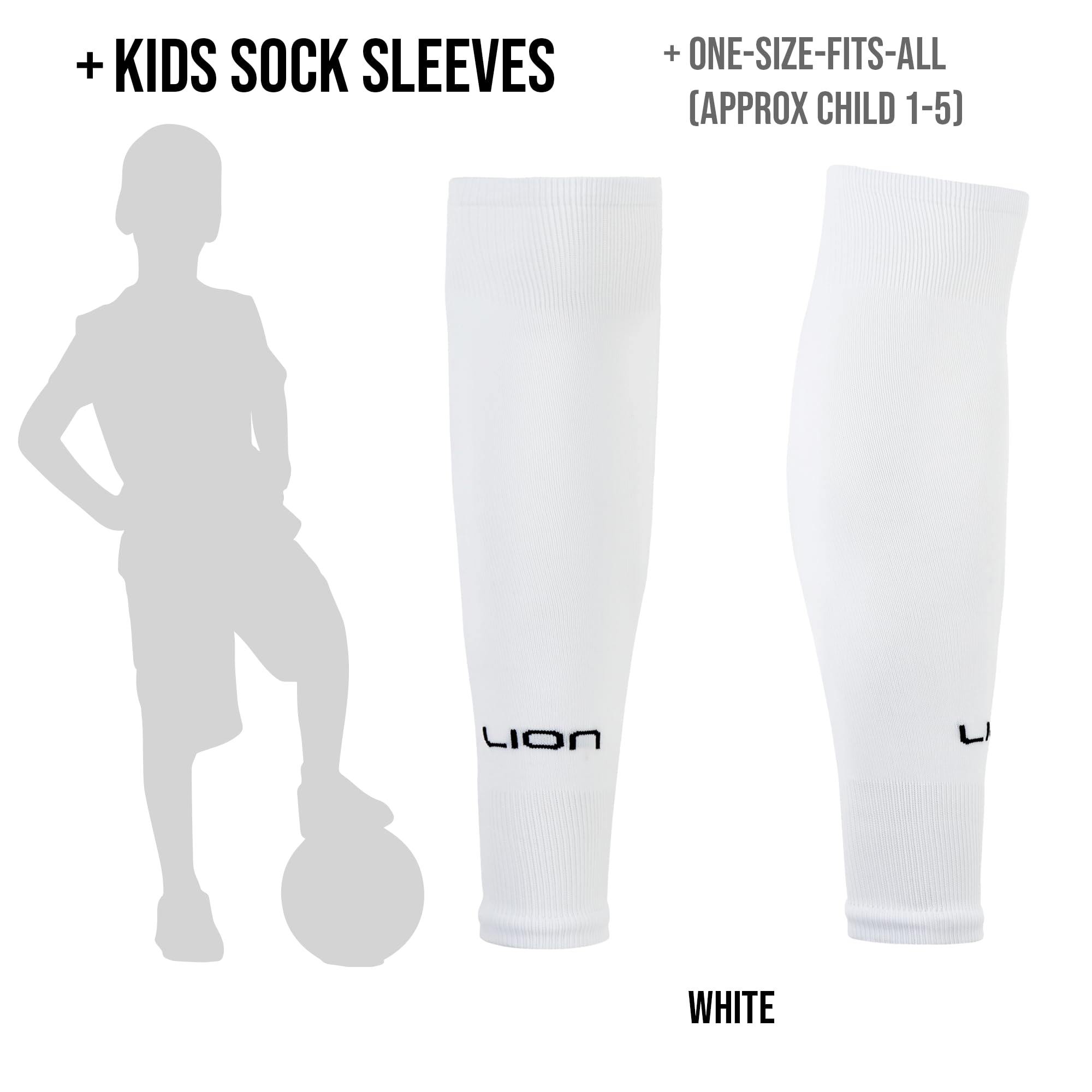 LION SPORTSWEAR Kids/Youth Football Sock Sleeves To Accompany Grip Socks - Fits Over Calf/Shin Pads - Variety Of Colors To Match Your Team Kit (White)