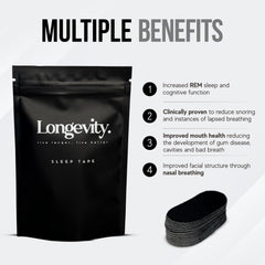 Longevity Sleep Tape (Black) - Mouth Tape for Sleeping, Snoring Aid, Improved Nasal Breathing, Strong But Gentle Adhesion (30 Strips)