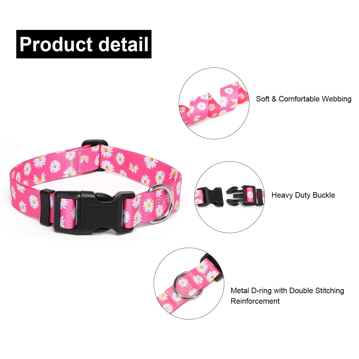 Suredoo Adjustable Dog Collar with Patterns, Ultra Comfy Soft Nylon Breathable Pet Collar for Small Medium Large Dogs (L, Pink Daisy)