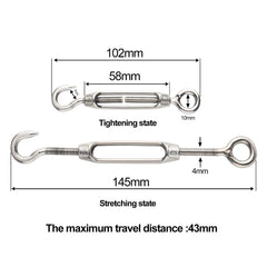 FEPITO 10Pcs Turnbuckle Wire Tensioner 304 Hook & Eye Adjustable Turnbuckle M4 Stainless Steel Tensioner Set Heavy Duty