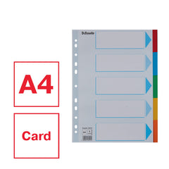 Esselte A4 Card File Dividers. 5 Parts Coloured Folder Dividers with identification front sheet, for Ring Binders and Lever Arch Files. Made from durable, recycled card