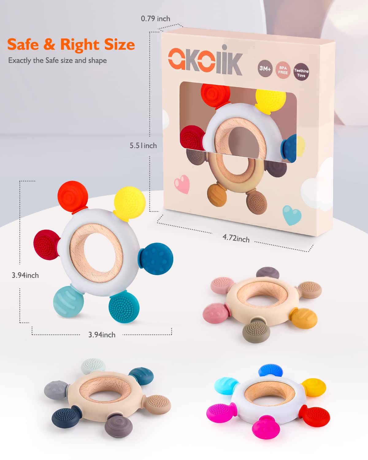 akolik Teething Toys for Baby, Baby teether, Silicone Teething for Babies 0-6 6-12 Months, BPA-Free with Wooden Ring Silicone Chewable Teether (Rudder D)