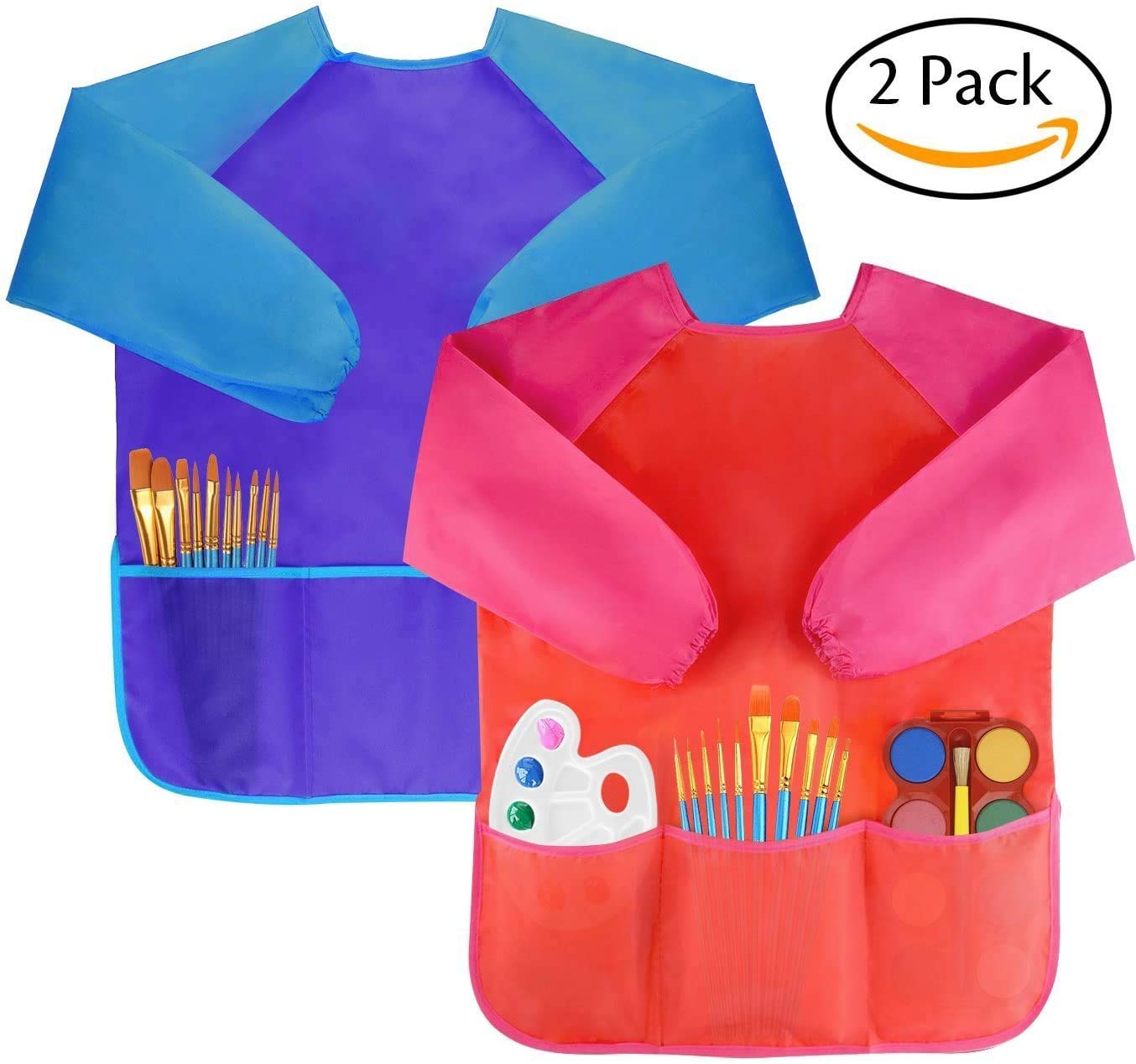 Amaza 2Pcs Kids Art Aprons, Waterproof Children's Artist Painting Smocks with Long Sleeve 3 Pockets for Age 2-8 Years (Blue & Red)