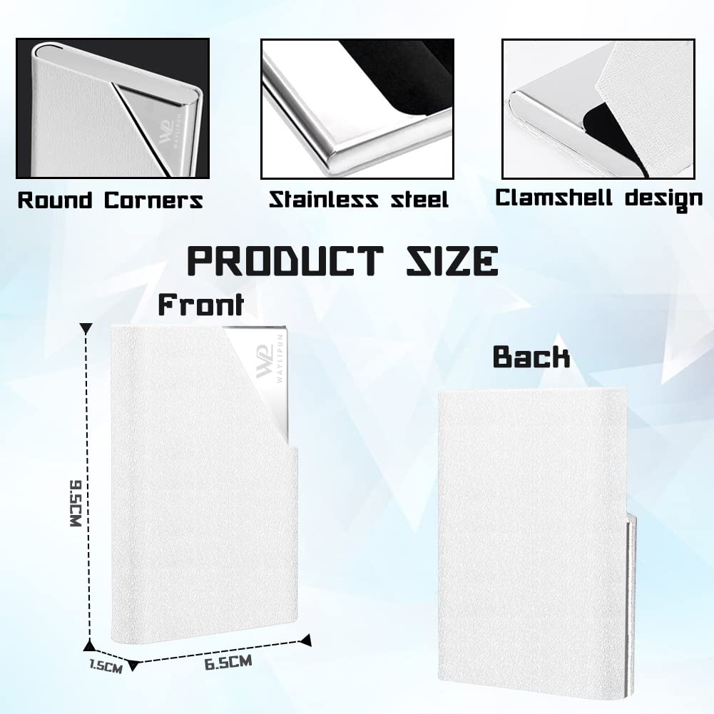 Waylipun Business Card Holder, Professional PU Leather & Stainless Steel Business Name Card Case, Keep Business Cards in Immaculate Condition, Slim Metal Pocket Card Holder with Magnetic Shut(White)