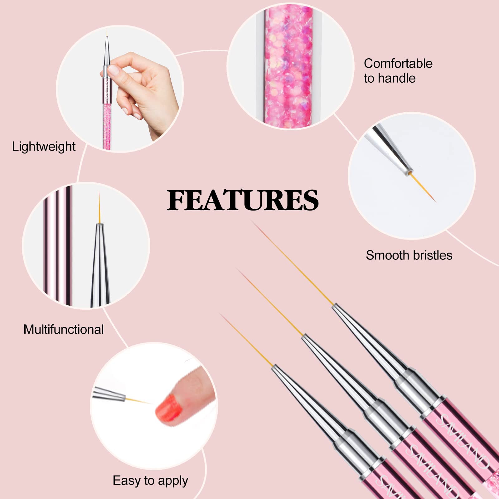 Saviland Thin Nail Art Brushes-6PCS Rose Gold Liner Nail Design Brushes Liner Painting Nail SuppliesTools Kit for Drawing Lines French Manicure Nail Salon Home DIY Use (7/8/11/13/15/29 mm)