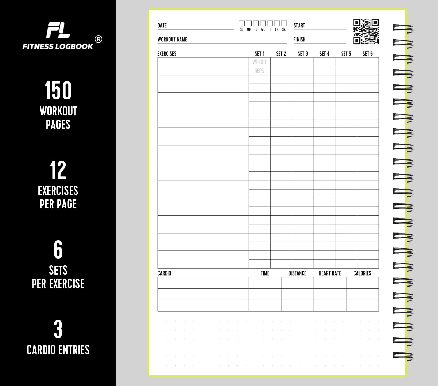 Fitness Logbook - Track 150 Workouts - Thick Paper, Durable Cover - A5 - Undated Workout Journal, Planner Log Book - Track Weight Loss, Muscle Gain, Gym Exercise, Bodybuilding Progress (Lime)