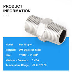 ERGAOBOY 5 Pcs 1/4 inches Male to 1/4 inches Male BSP Thread 304 Stainless Steel Hex Nipple Pipe Fittings