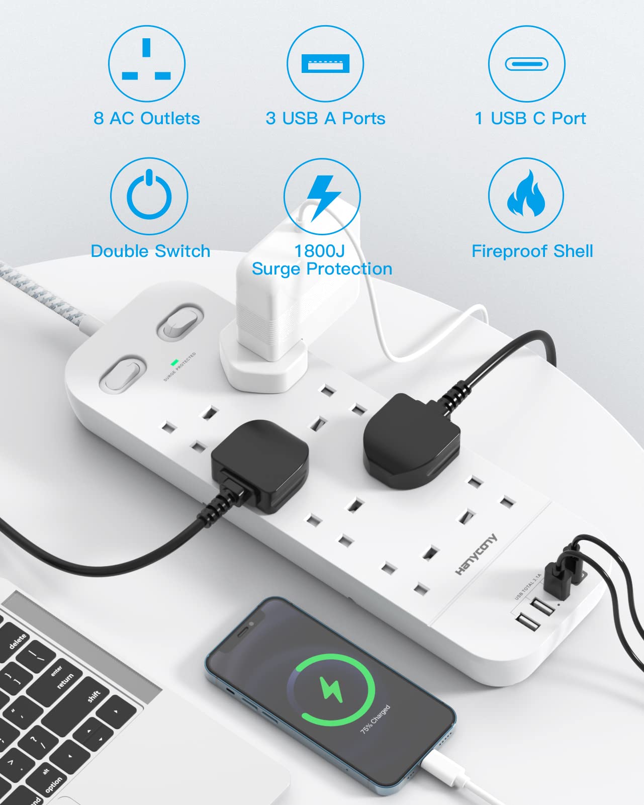 Extension Lead with USB Slots, 8 Way Outlets Power Strip with 4 USB Ports, 1800J Surge Protection Double Switch Plug Extension with 1.8M Braided Extension Cord for Home, Office