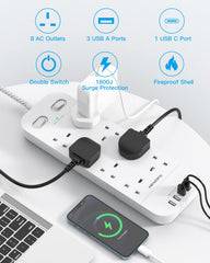 Extension Lead with USB Slots, 8 Way Outlets Power Strip with 4 USB Ports, 1800J Surge Protection Double Switch Plug Extension with 1.8M Braided Extension Cord for Home, Office