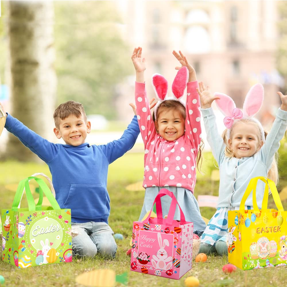 YOOYEH 6 Easter Tote Bags, Easter Egg Hunt Bags with Handle Non- Waven Gift Bags Easter Bags for Gifts Wrapping, Egg Hunt, Easter Party Supplies