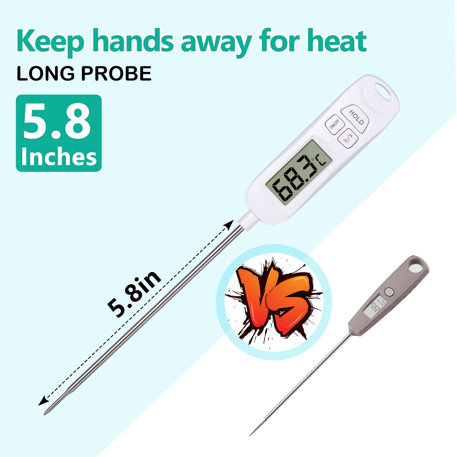 Allinone-Kitchen Meat Thermometer,Digital Instant Read Kitchen Cooking Temperature Long Food Probe with Large LCD Screen℉/℃ Button for Hot Beverage,Grill,BBQ,Jam,Water,Milk,Battery Included