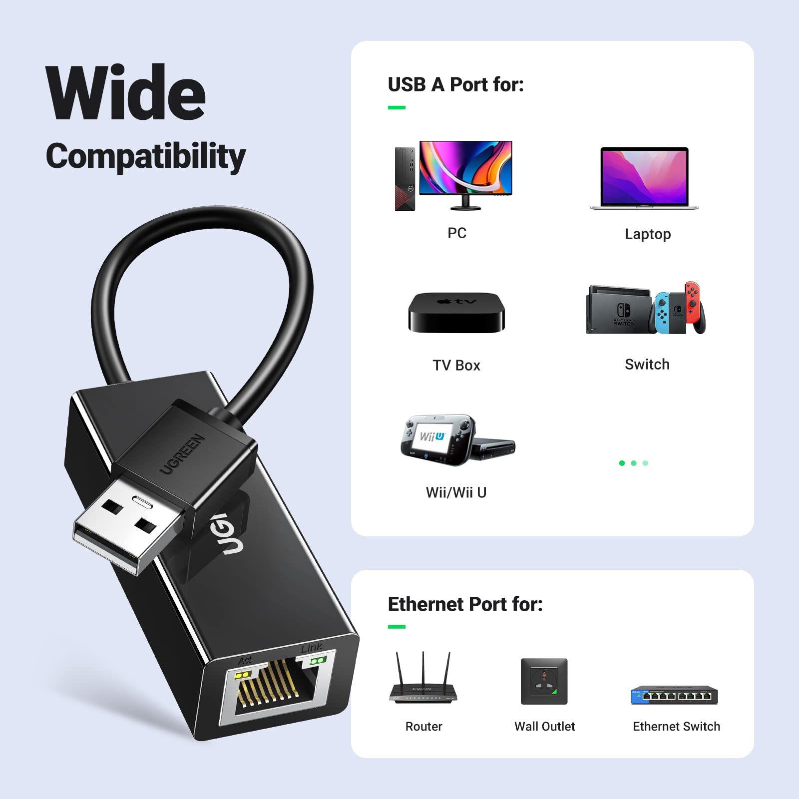 UGREEN USB to Ethernet Adaptor, USB 3.0 Network Adapter, RJ45 Wired LAN Adapter, Internet Adaptor Driver Free Compatible with Switch, Macbook 2016 to 2022, Chromebook, Surface Pro, XPS, Steam Deck