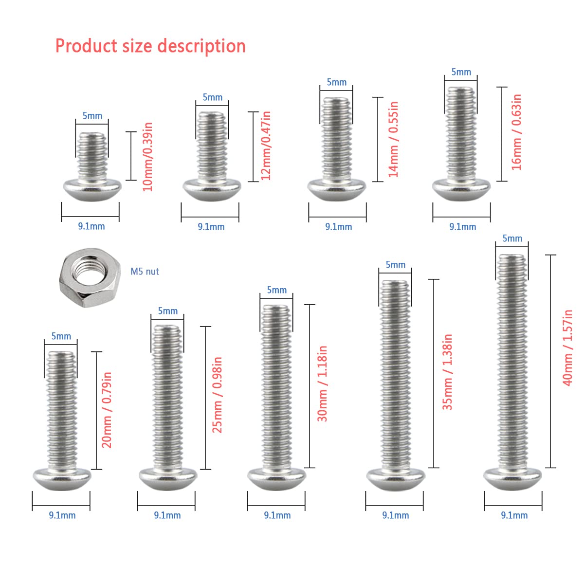 Bolts and Nuts Set, Hex Head M5 Stainless Steel Machine Screws and Round Head Hexagon Socket Bolts Assortment(10/12/14/16/20/25/30/35/40mm) (M5, Silver)