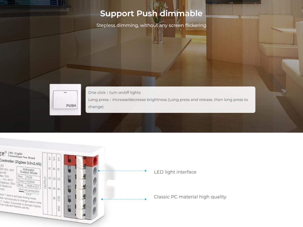 LIGHTEU®, Milight Miboxer 2 in 1 LED Controller 2.4GHz LED strip controller DC12V/24V Output Max. 12A, Support Push dim, E2-RF