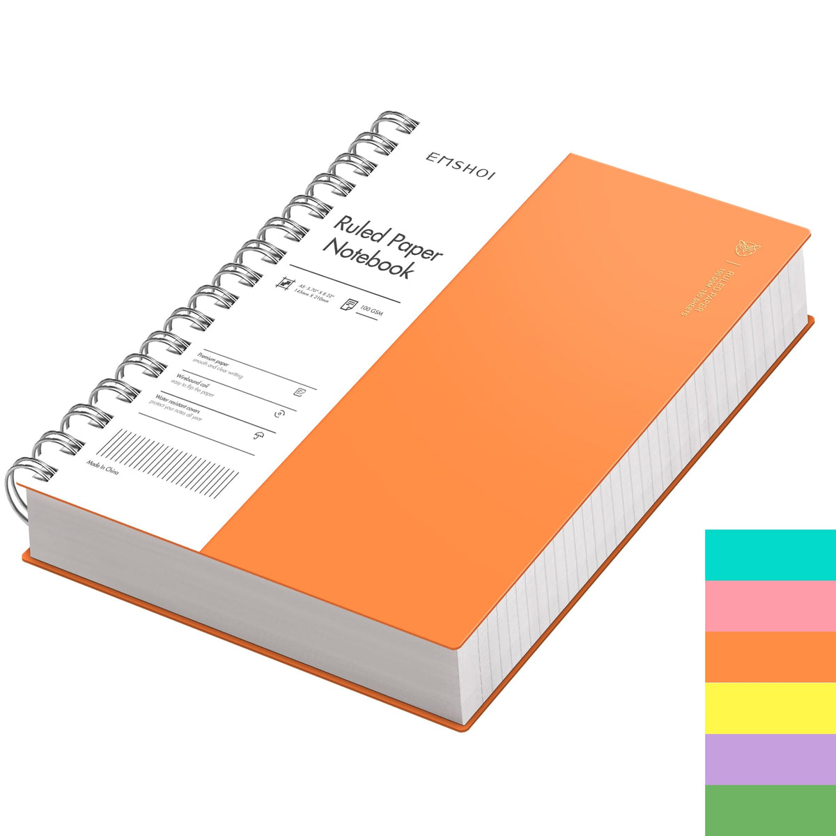 EMSHOI A5 Notebook Lined 300 Pages/150 Sheets, Wirebound Spiral Notepad, 100gsm Thick Paper, Waterproof Hardcover, Writing Journal for Women Men Work Office School, 14.5 x 21cm, Orange