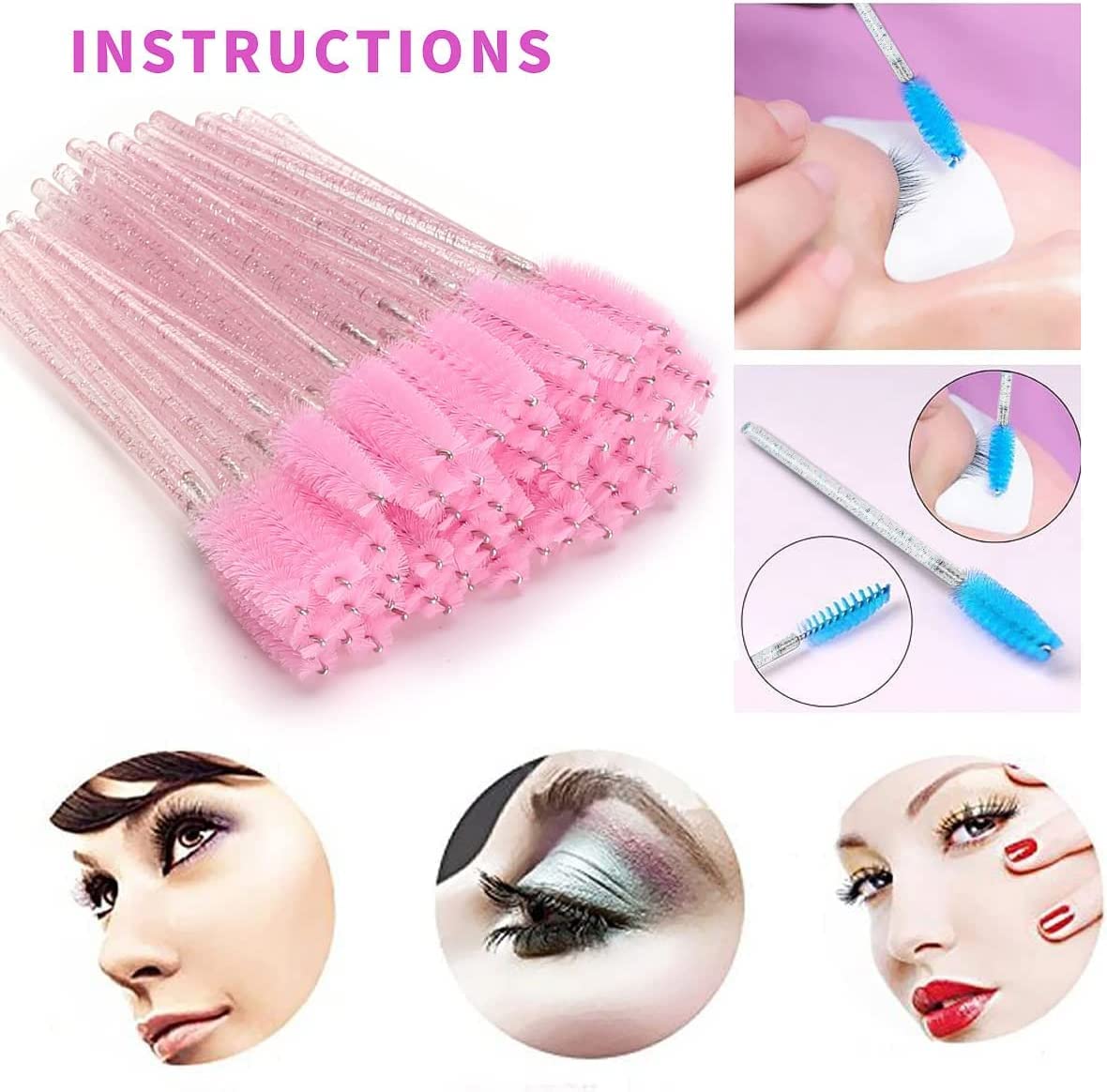 Disposable Eyelash Brushes Mascara Wands Eye Lash Eyebrow Applicator Cosmetic Makeup Brush Tool Kits (100PC, crystal pink)