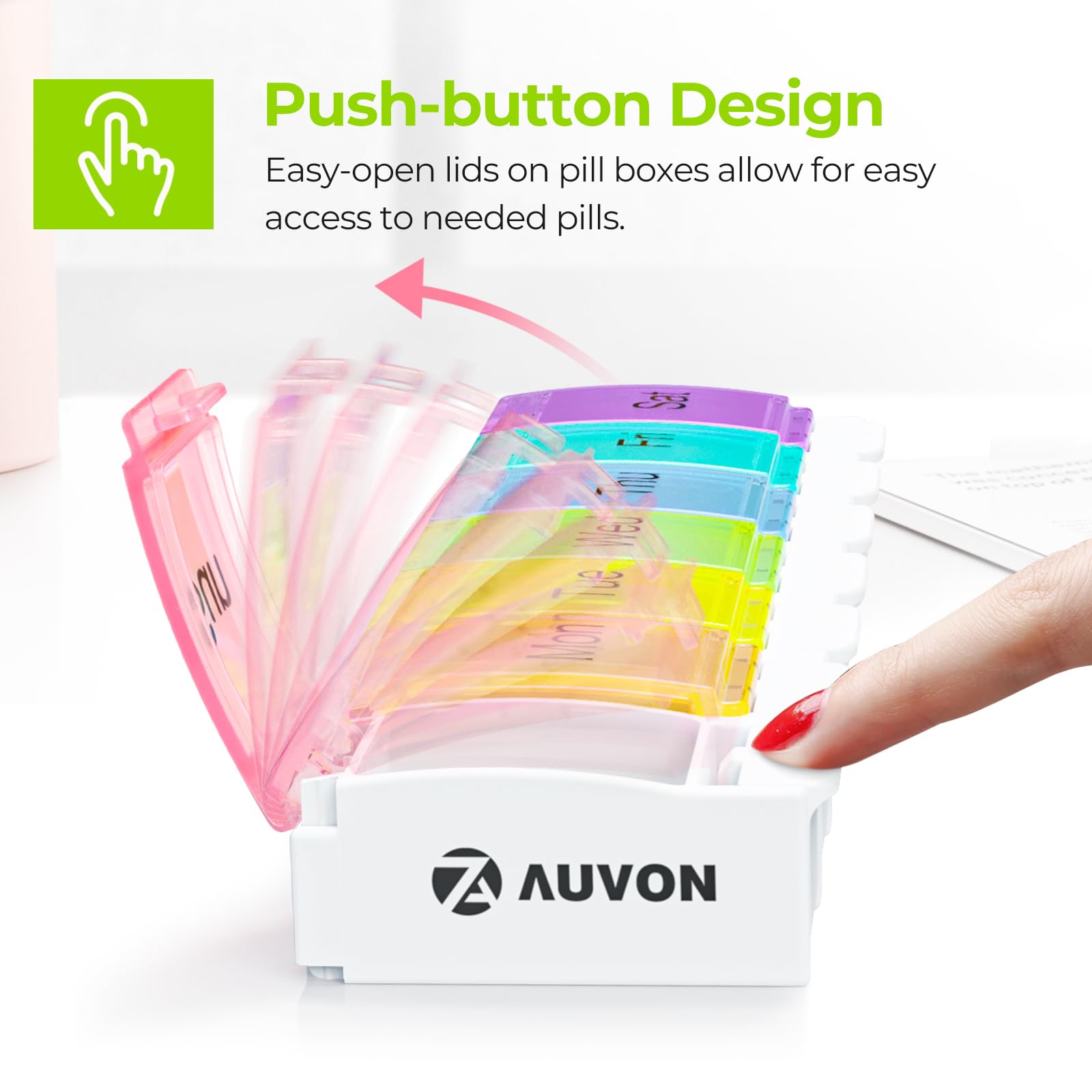 AUVON Weekly Travel Pill Box Organiser, BPA Free 7 Day 1 Times a Day with Unique Spring Assisted Open Design and Large Tablet Box to Hold Vitamins, Cod Liver Oil, Supplements and Medication