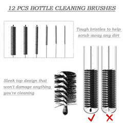 DAZISEN 12 Pcs Bottle Brush - Long Tube Bottle Cleaning Brushes, Kettle Spout Brush, Straw Brush, Nylon Bottle Pipe Cleaner Set for Baby Bottle Tube Pipe Flask Straws Keyboards Cleaning, White