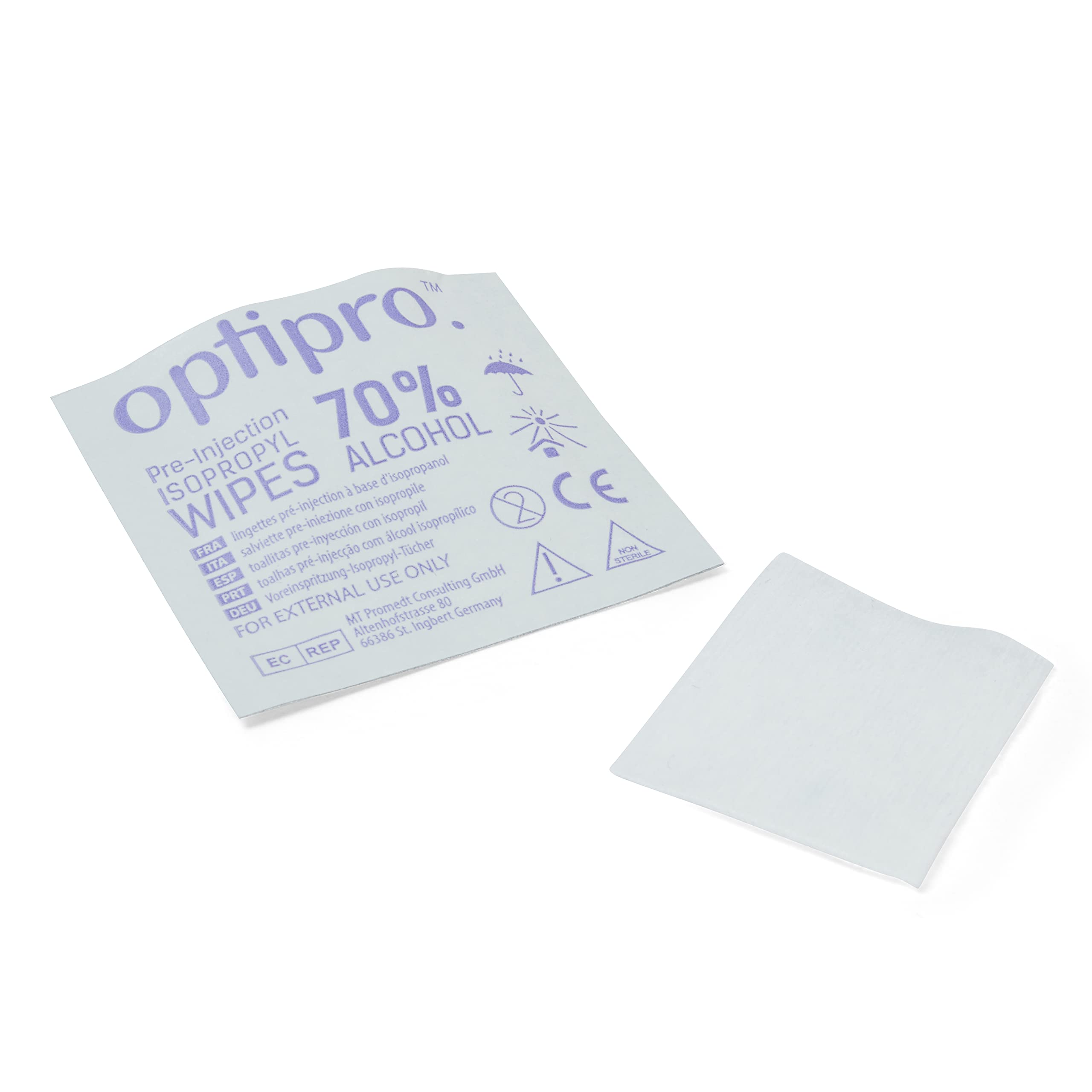 OptiPro Pre-Injection Wipes (x200) - Individually Wrapped Disposable Medical Skin Cleaning Easy-Tear 70% Isopropyl Alcohol Sachet Wipes (200 Wipes)