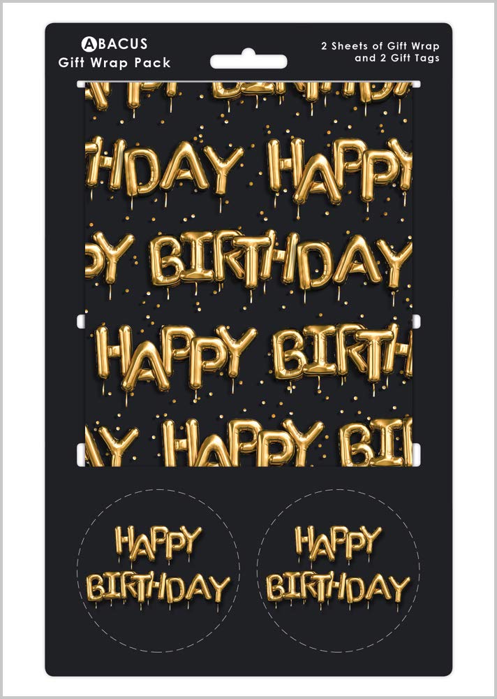Abacus Cards Wrapping Paper 12367A Birthday Balloons Gift Wrap Pack with 2 Sheets & 2 Tags, FULLY RECYCLABLE, Black & Gold