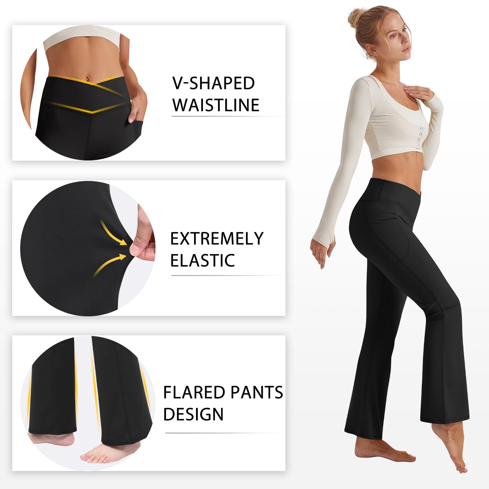 Glacspyg Bootcut Yoga Pants for Women V High Waist Flare Pants with Pockets Sweatpants Sport Trousers Fitness Gym Workout Yoga Casual Black S