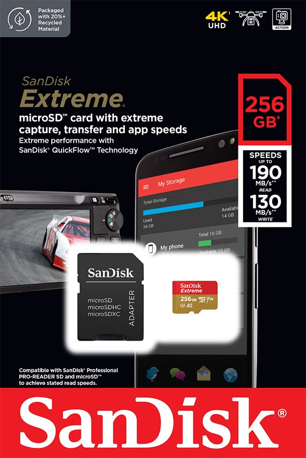 SanDisk 256GB Extreme microSDXC card and SD adapter and RescuePRO Deluxe, up to 190MB/s, with A2 App Performance, UHS-I, Class 10, U3, V30, Black