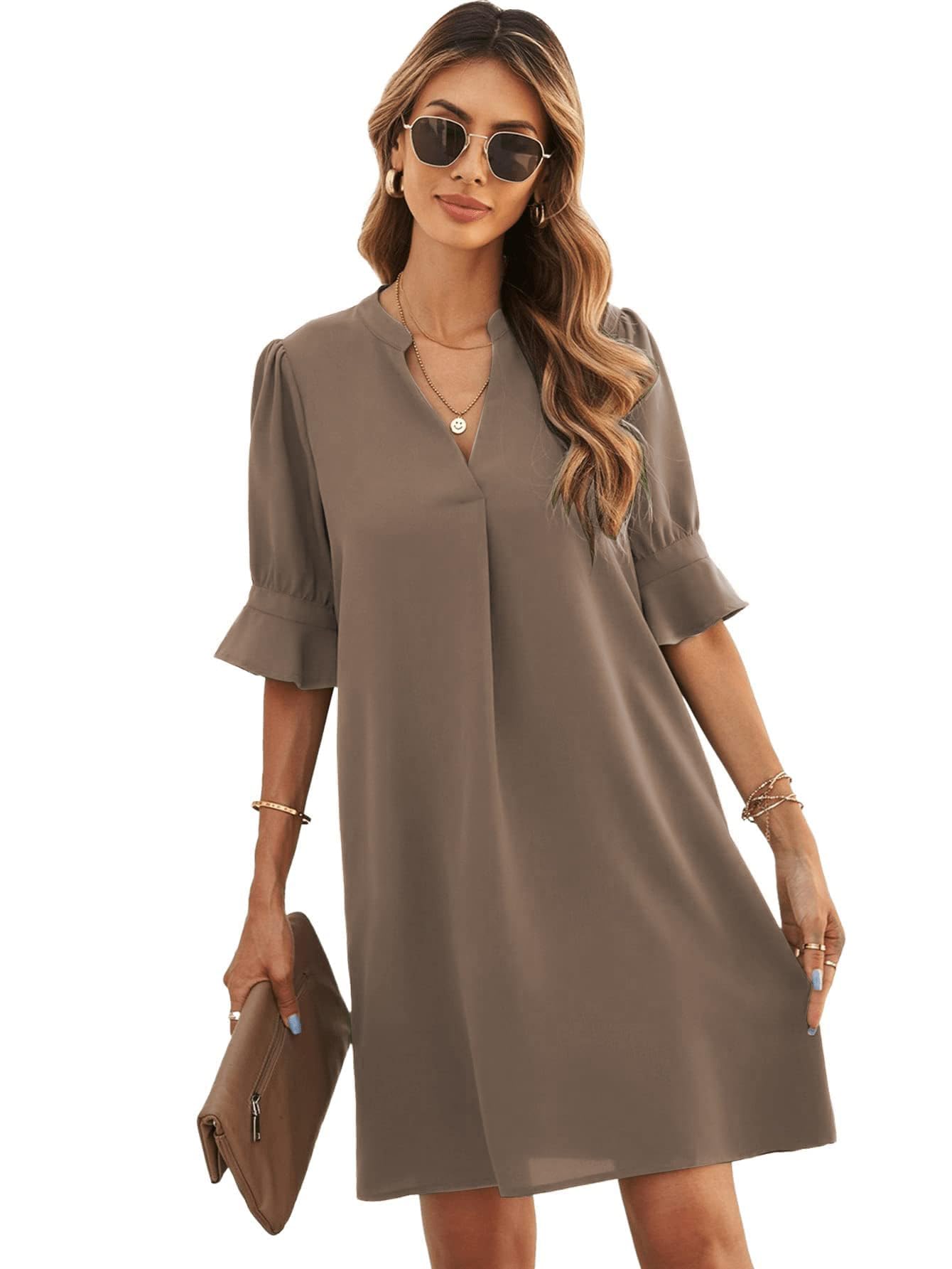 Famulily Ladies Casual Mini Dresses Ruffled Half Sleeve V Neck Shift Dress Summer Work Dresses Coffee S