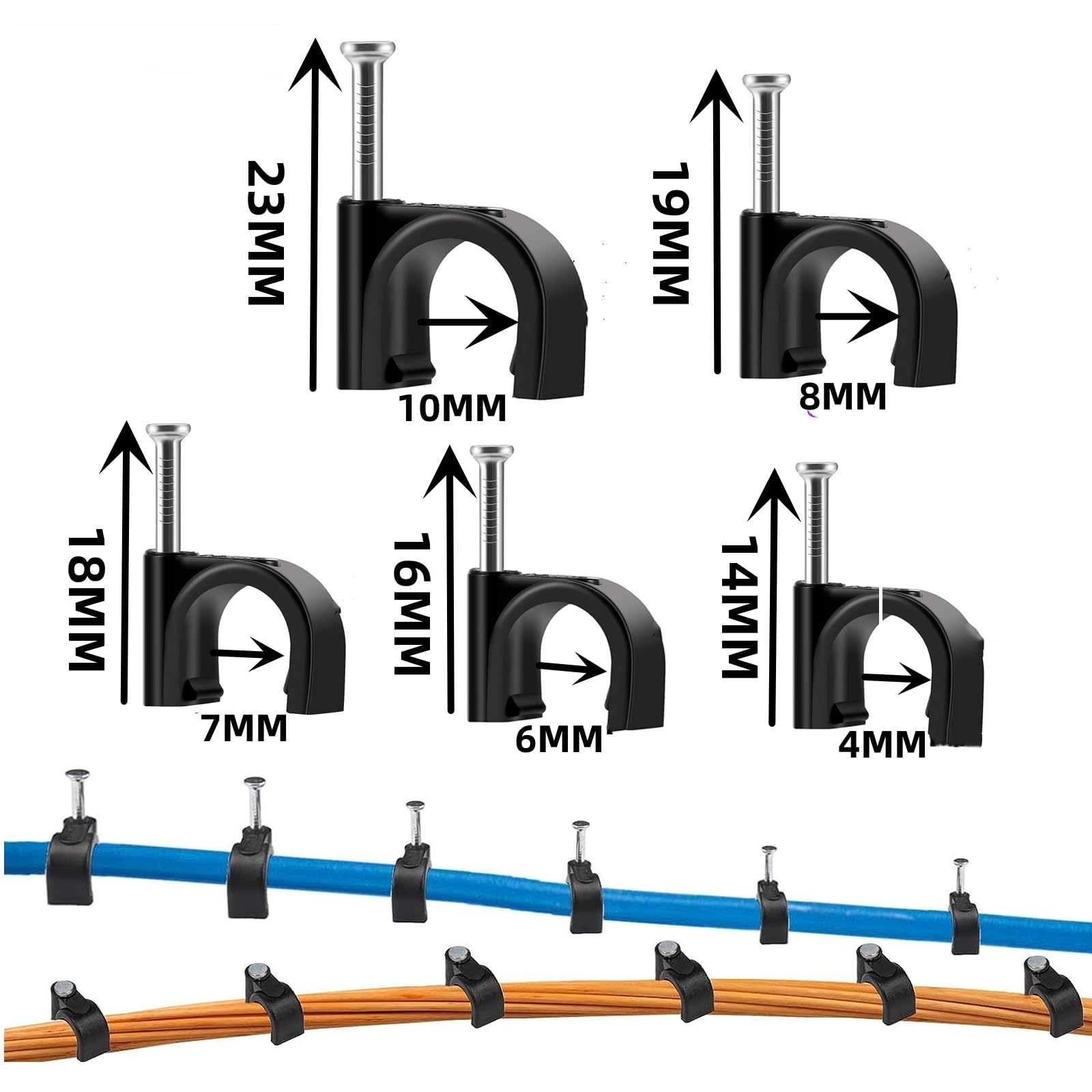 OAIGE.W 500Pcs Cable Clips, Cable Clips Black, 4mm 6mm 7mm 8mm 10mm, Used for ethernet Cable, Telephone line, TV Cable (Black-4/6/7/8/10mm)