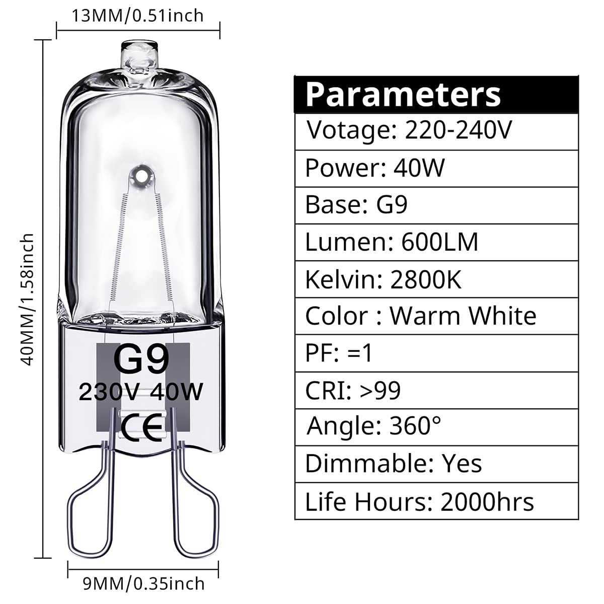 SILKIT G9 Halogen Light Bulbs 40W, No Flickering, Dimmable, 600lm, 2800K, G9 Capsule Bulb, Warm White, 10 Pack