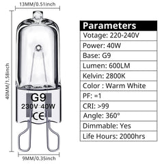 SILKIT G9 Halogen Light Bulbs 40W, No Flickering, Dimmable, 600lm, 2800K, G9 Capsule Bulb, Warm White, 10 Pack