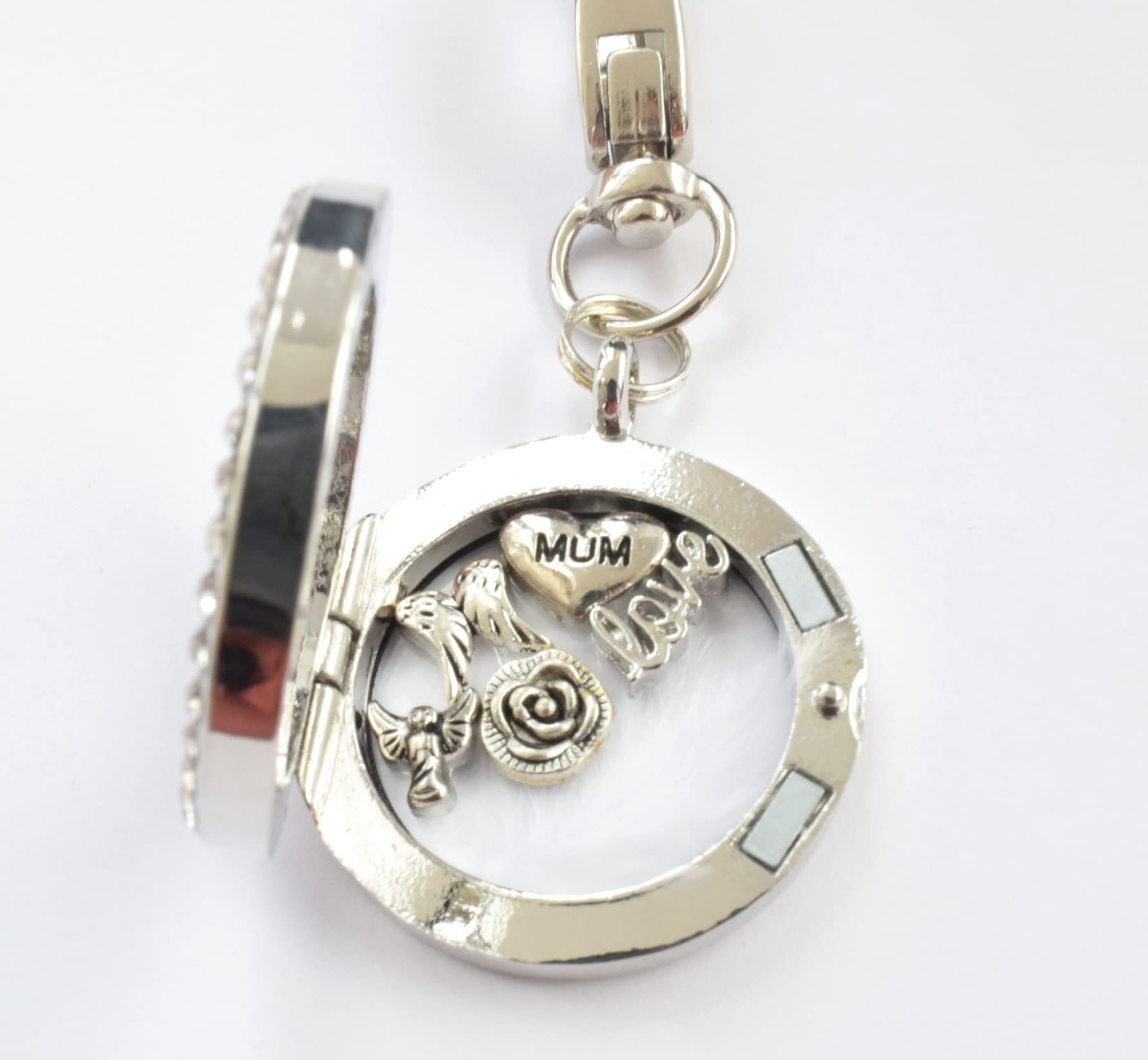 MUM In Memory Keyring. Real White Feather Inside Floating Locket Key Chain, Round Silver Colour Handbag Charm, Trinket. Angel, Wing, Rose, Love Charms. Sympathy gift