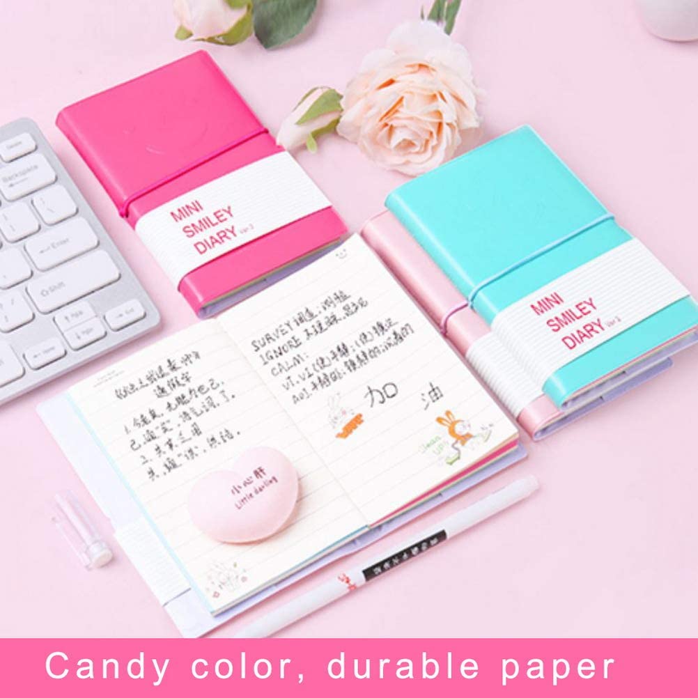 2 Pcs Mini Smiley Notebook, Mini Smiley Diary 2 Colors Pocket Notebook Small Memo Pads Travel Notepads with Elastic Closure and Imitation-Leather Cover for- 100 Pages （5 * 3.15inch）