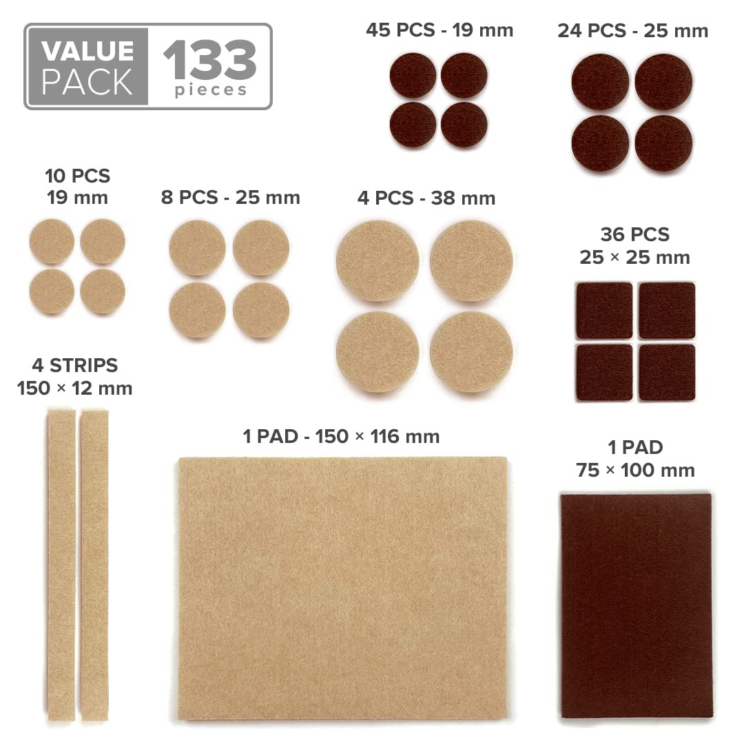 X-PROTECTOR Premium Two Colors Pack Furniture Pads 133 Piece! Felt Pads Furniture Feet Brown 106 and Beige 27 Various Sizes - Best Wood Floor Protectors. Protect Hardwood & Laminate Flooring