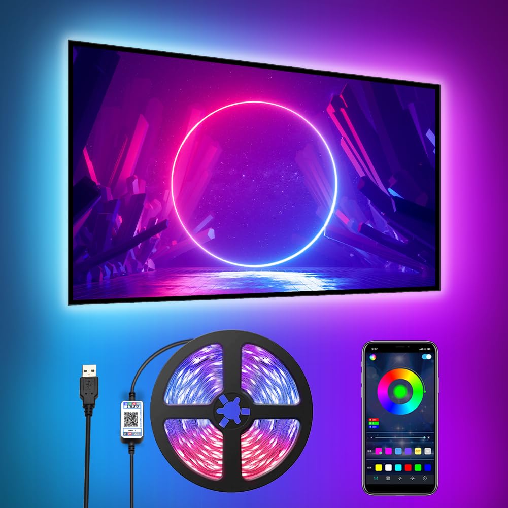 Romwish TV LED Backlights 3M, 9.8FT LED Strip Lights with Bluetooth APP Control for 40-50 inch TV, 16 Million Colors, Music Sync Color Changing and Timing Function, Adapter USB Powered