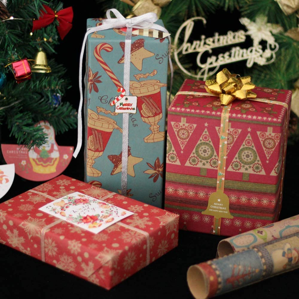 Christmas Wrapping Paper, 12 Pack Recyclable Kraft Paper 70x50CM in Folded Sheets with 10 Unique Designs (Bonus 16 Feet Jute String and 10 Tags)